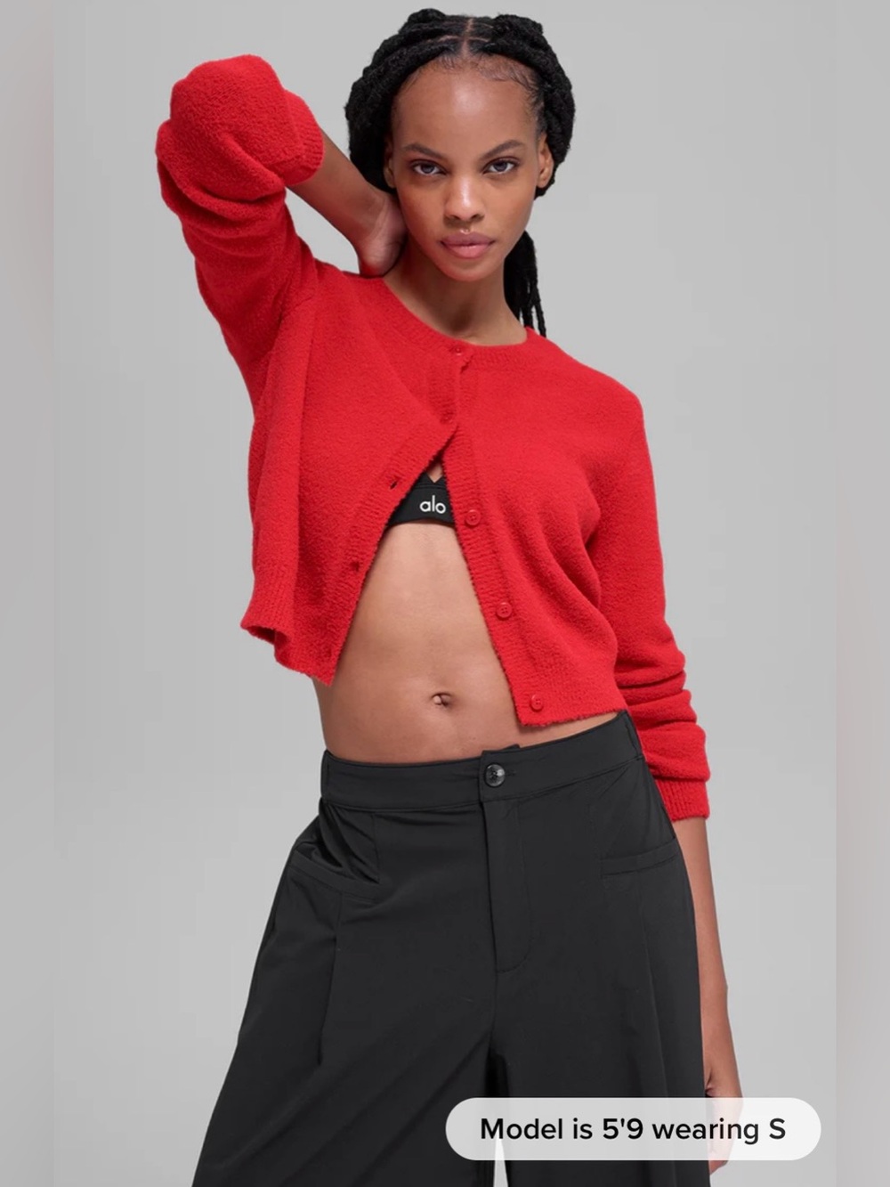 Alo yoga Snuggle Up Sweater Cropped Cardigan in Bright red color